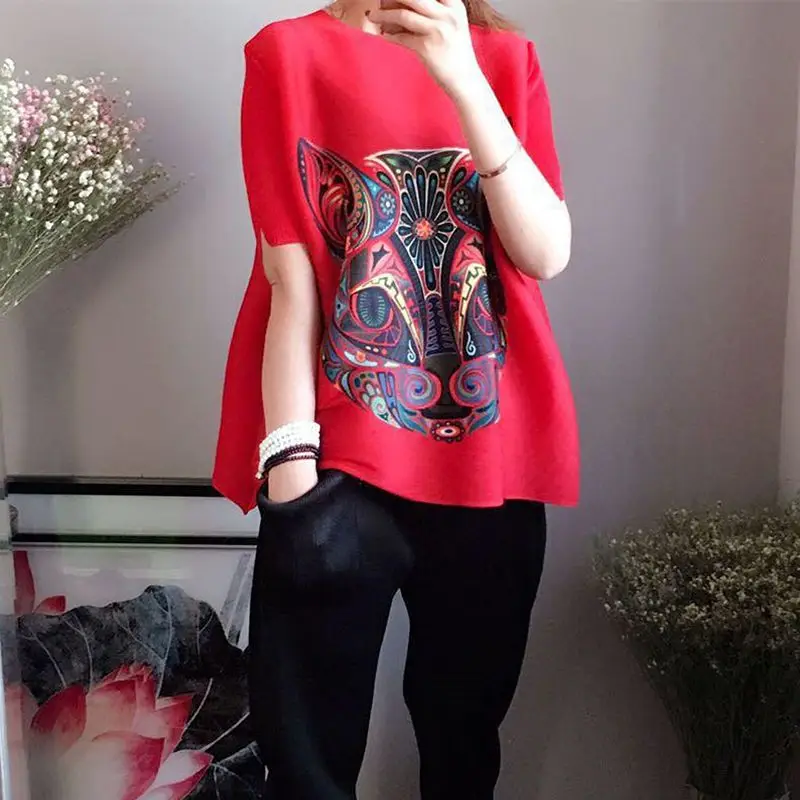 Korean version loose fashion large size belly cover top  cat head print short sleeve T-shirt women's folds 2026 new summer
