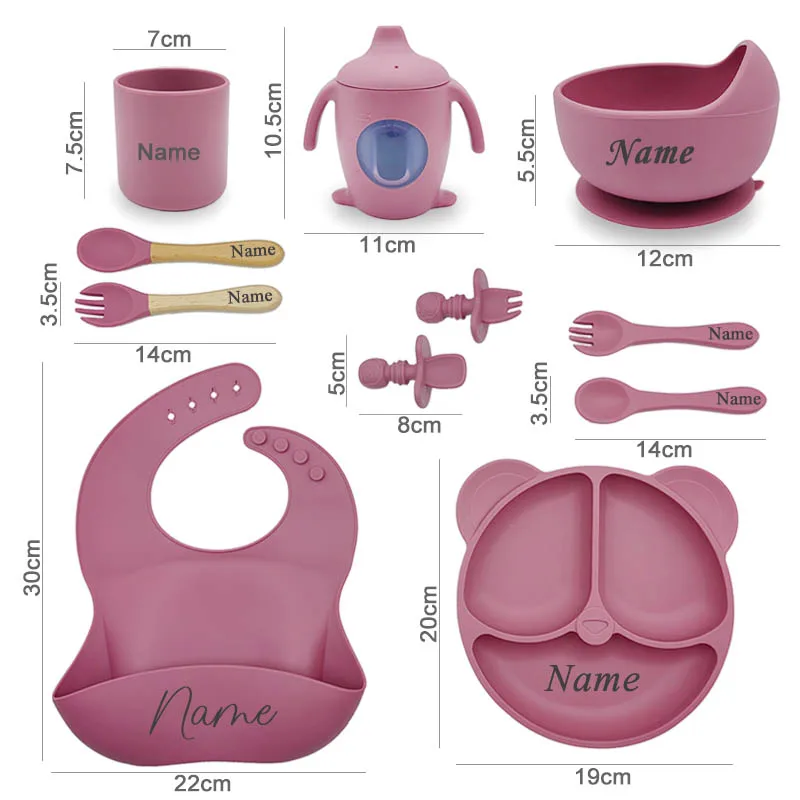 11Pcs Silicone Tableware Personalized Name Baby Feeding Set Customized Logo Name Dinner Plate Bowl For Kids Straw Cup With Scale