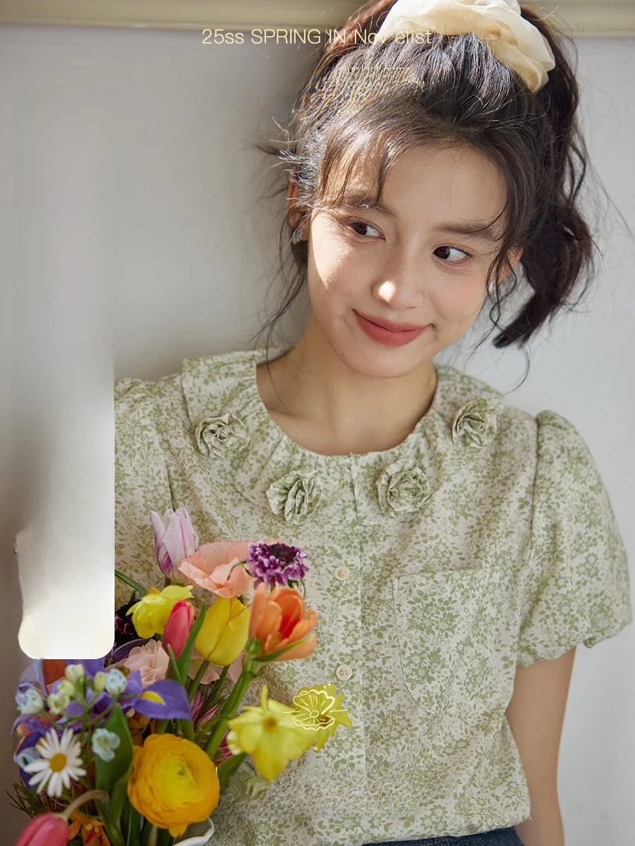 

Hand Embroidered Floral Print ort Sve irt Women's Ruffle Collar Cotton Blend Bubble Sve Vintage Sle Casual irt