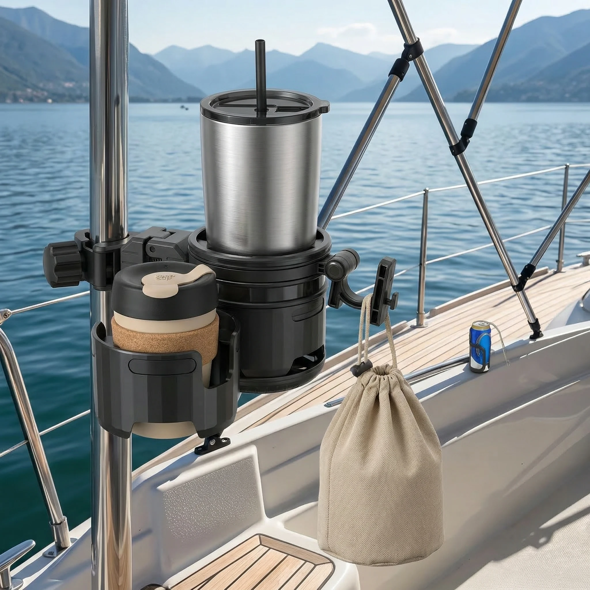 2-in-1-Getränkehalter mit Haken – werkzeuglose Befestigung – passend für 5-40oz Becher – für Boot, Wohnmobil, Fahrrad – für Rundrohre von 0,9-1,6 Zoll