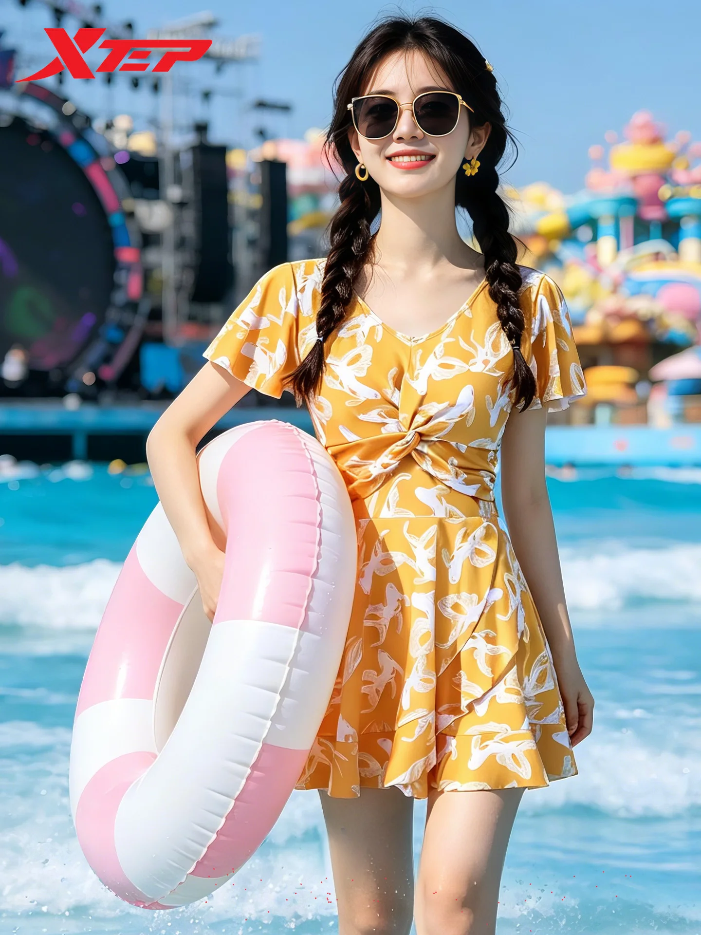 XTEP Special Water Park Women's One-Piece Swimsuit Sunscreen Slimming Beach Holiday Conservative Style Floral Print V-Neck ...