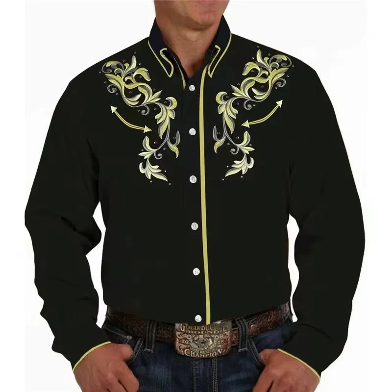 Men's Western totem tribe lapel long -sleeved shirt soft material 2023 new style casual outdoor men's top shirt