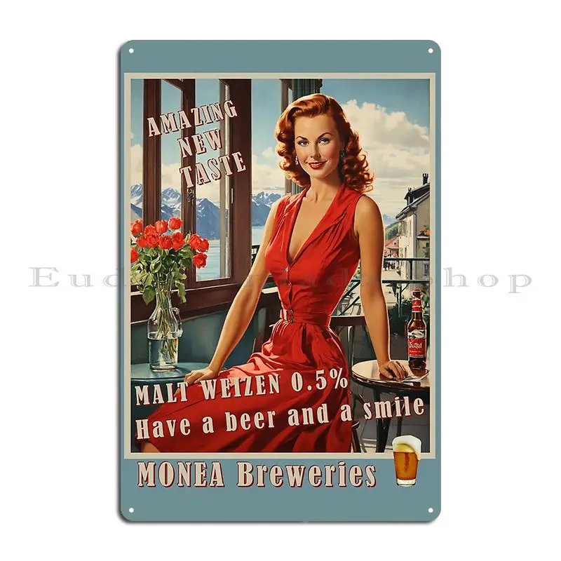 Beer Vintage 1950 Style Poster Red Hair Woman Malt Weizen 0 5 Metal Plaque Poster Club Wall Decor Printing Pub Tin Sign Poster