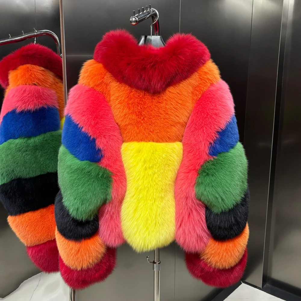 Multi Color Fur Coat Women Real Fox Fur Short Jackets 2024 Winter Warm Natural Fur Jacket Long Sleeve