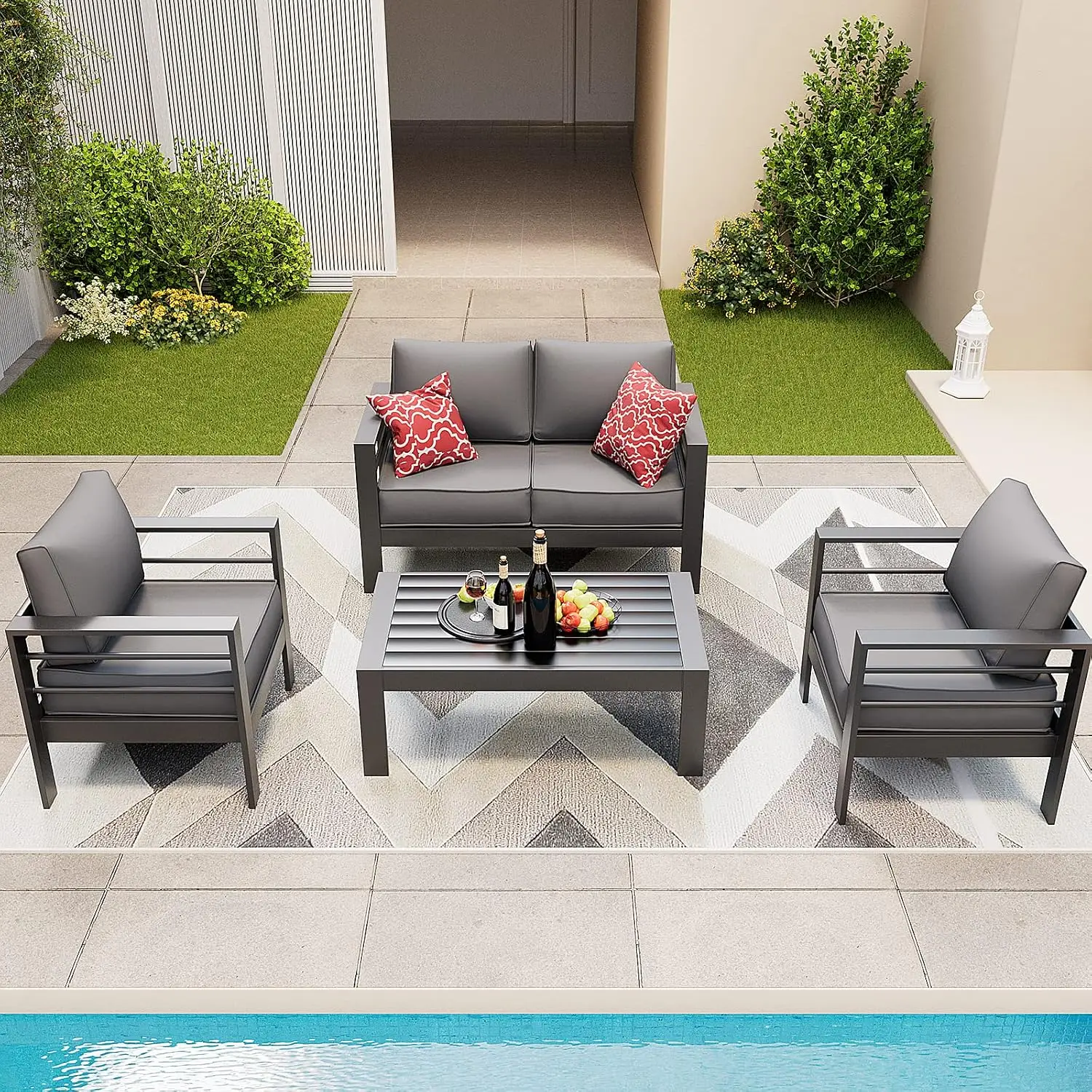 Aluminum Patio Armchair 2 PCS All-Weather Outdoor Metal Sofa W/ 5 Inch Cushion Dark Grey W/ 2 Waterproof Cover, Customized