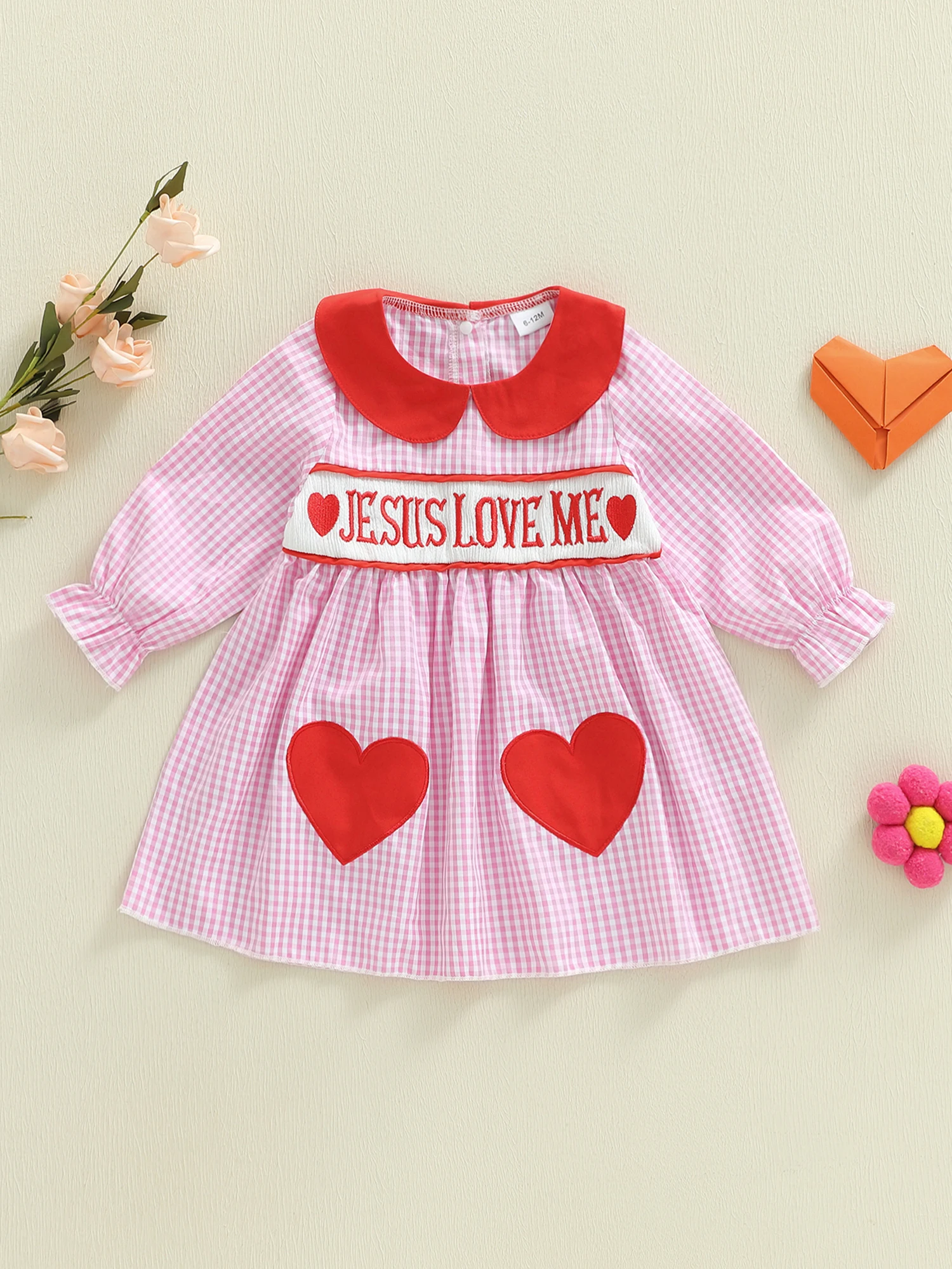 

Платье в клетку для девочек с вышивкой в виде сердца, осеннее платье с кукольным воротником и длинными рукавами, с буквенным принтом и оборками