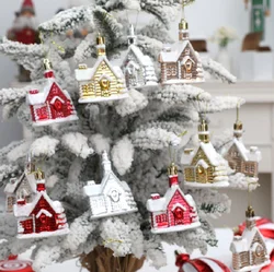 Christmas Supplies Red Gold Snow House Shape Christmas Tree Pendant Home 2025 New Year Decoration Xmas Tree Decors 4PCs/Set