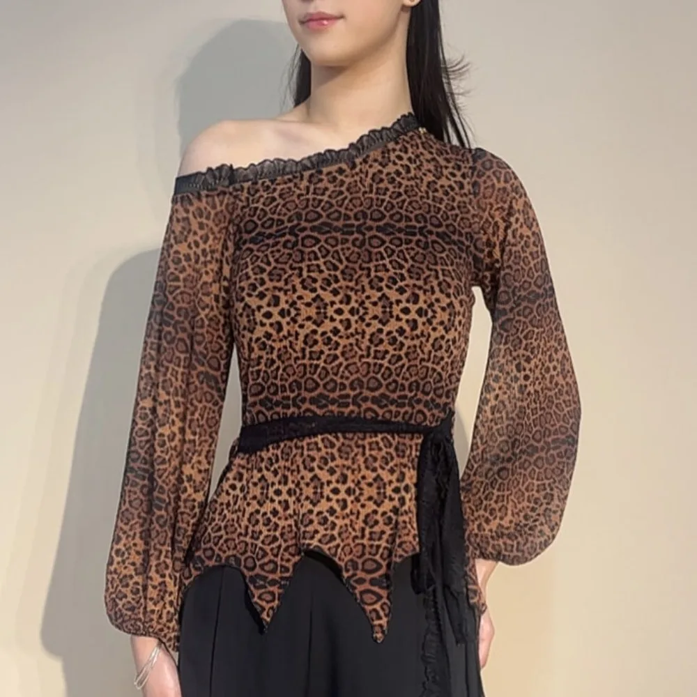 Customized Women Ruffled Sheer Mesh Mid Sleeve Dance Top Latin Social Ballroom Competition Modern Training Outfit Dancewear Top