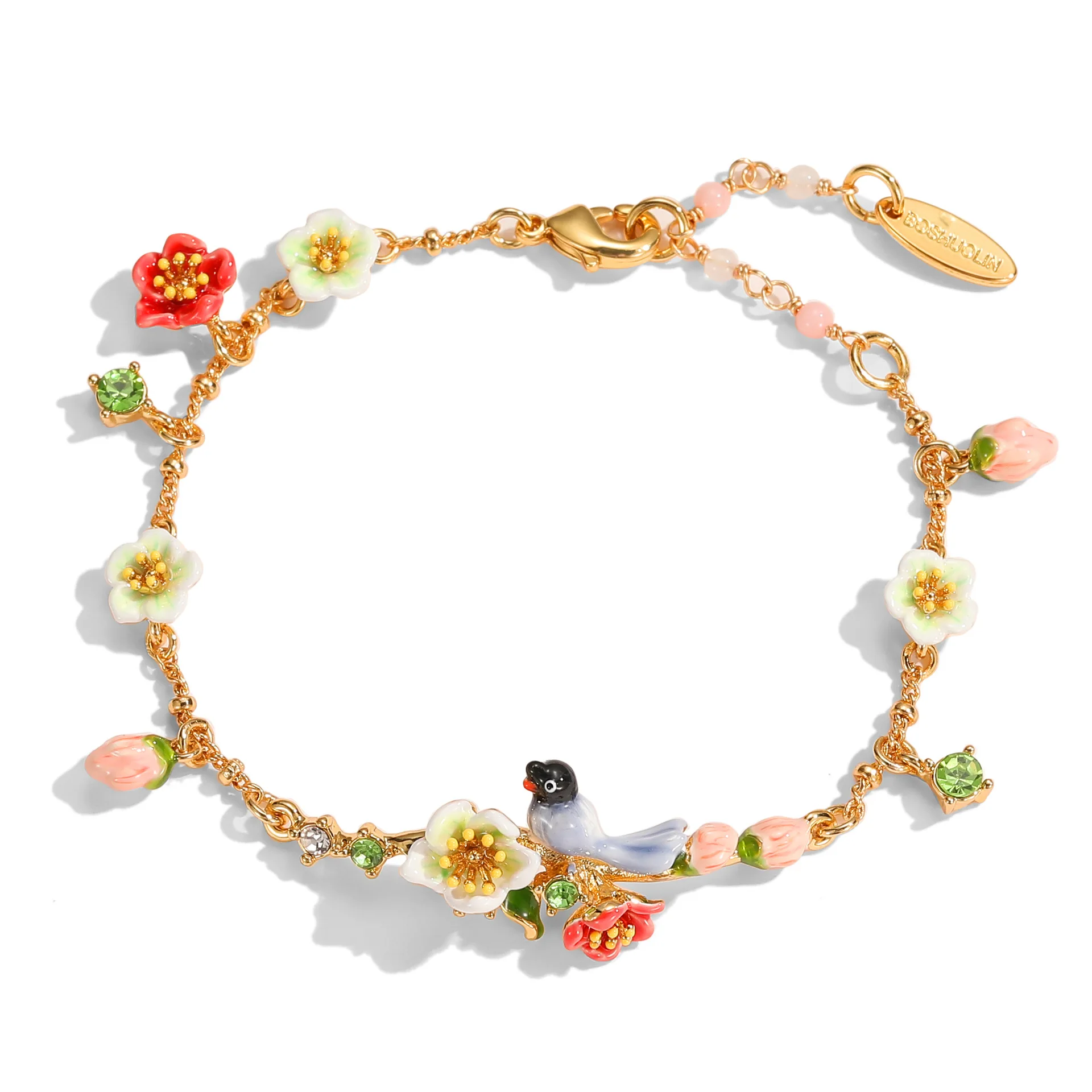 2026 New Enamel Two-tone Flower Magpie Crystal Tassel Bracelet Fashion Bird Bangle Elegant Women Daily Party Jewelry Accessories