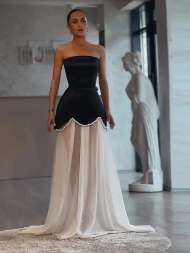 Sem alças vestidos de baile pérolas frisado sem costas uma linha chiffon ocasião especial vestido de noite 2025 vestido de festa de casamento feminino