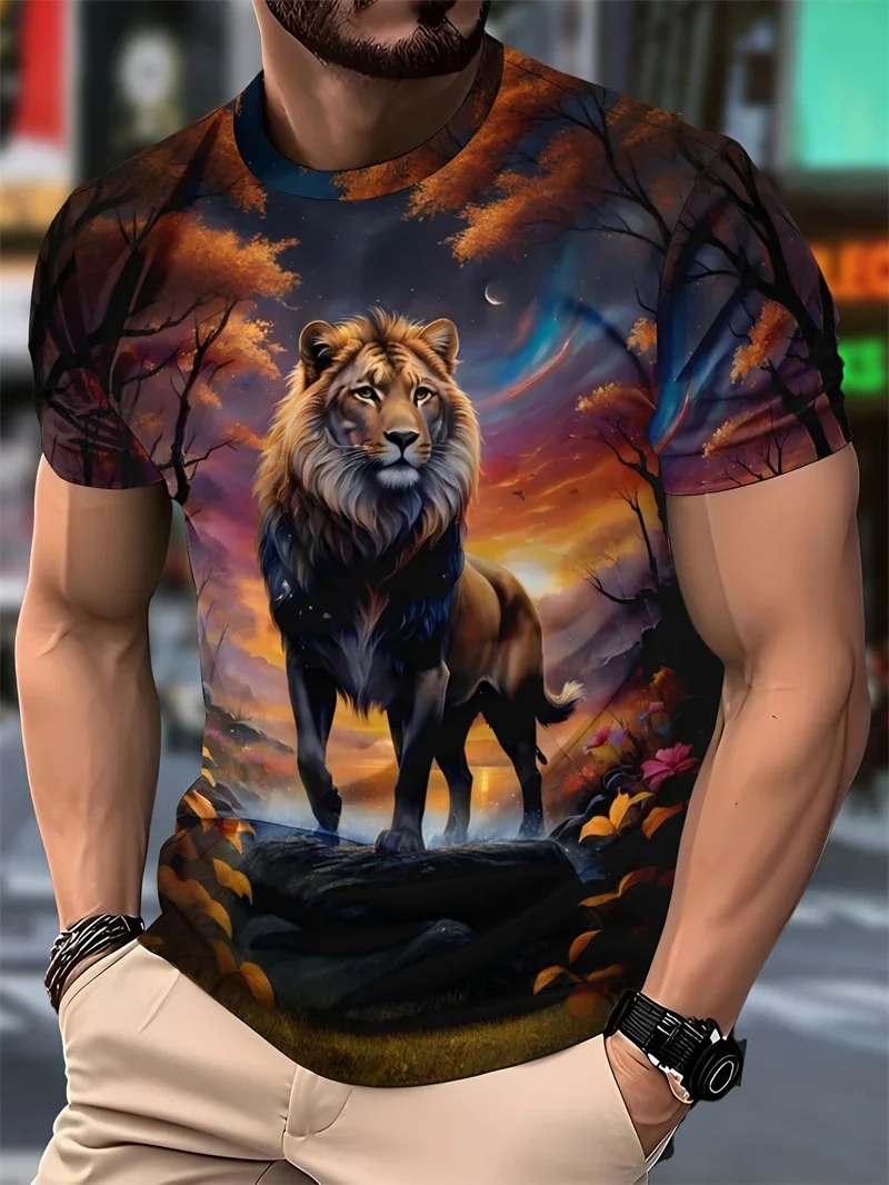 2026 3D Mens Fantasy Lion Sunset Forest Print T Shirt Casual Crew Neck Short Sleeve Animal Graphic Tops