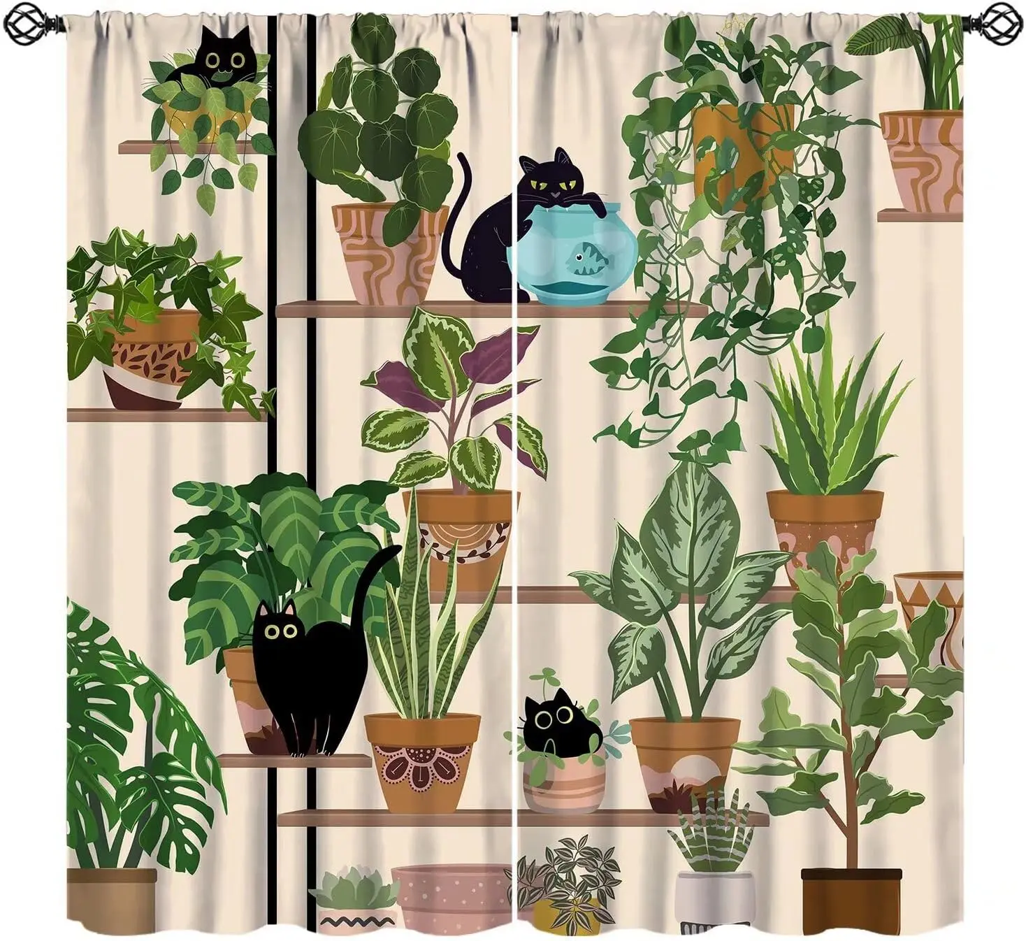 Cat Curtains Cartoon Cute Animals Boho Potted Art Printed Blackout Window Drapes for Living Room Kitchen Decor Fabric Set