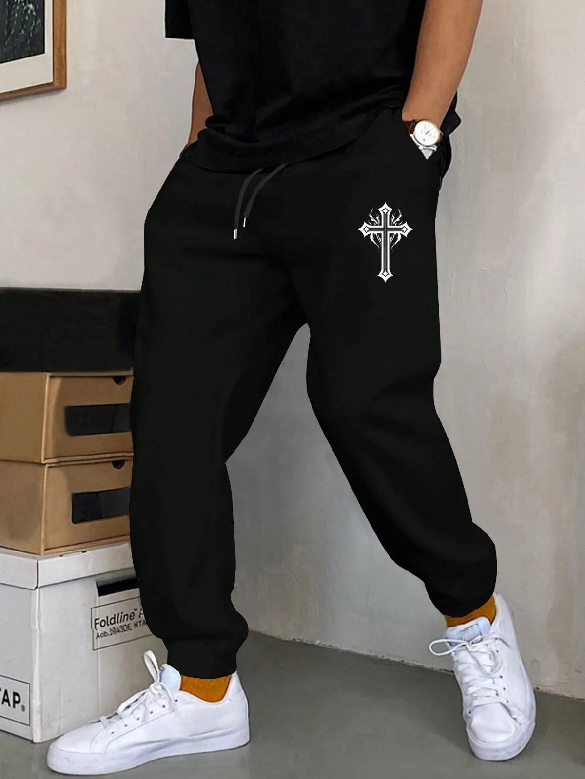 Men's Drawstring Cross Joggers Trendy Pattern Print Drawstring Sweatpants Loose Fit Pants Men Casual Slightly Stretch Joggers