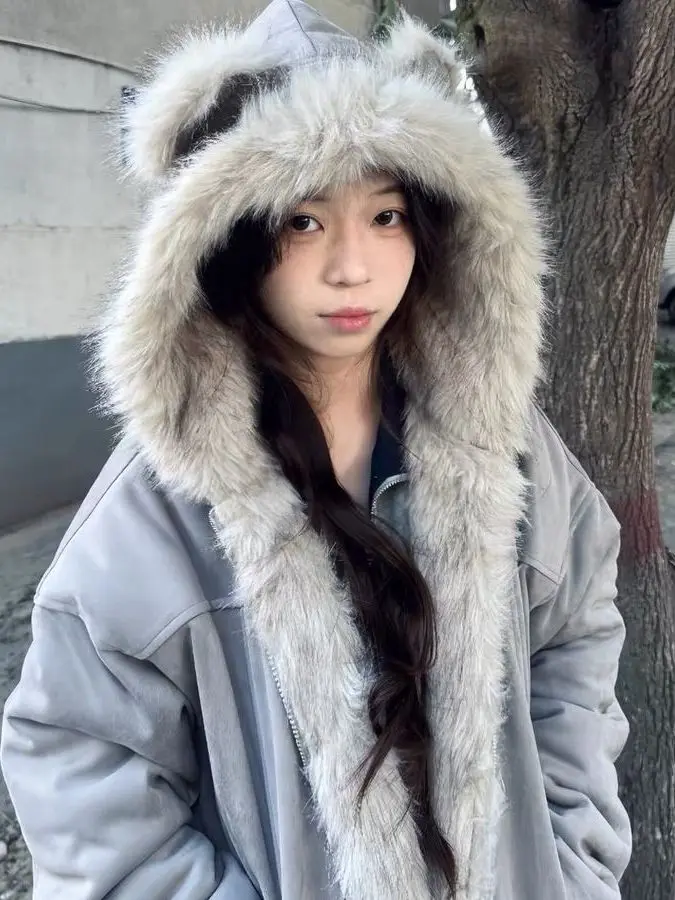 

Cute Ear Cotton Jaet Women's ort Thiened Fur Collar American Sle Autumn Winter Coat with Hood Warm Casual Outerwear