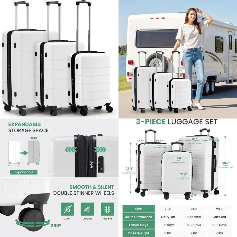 

InfiniPower 3-Piece Hardside Luggage Set - Expandable, Lightweight, Double Spinner Wheels, TSA Lock, White (20/24/28)