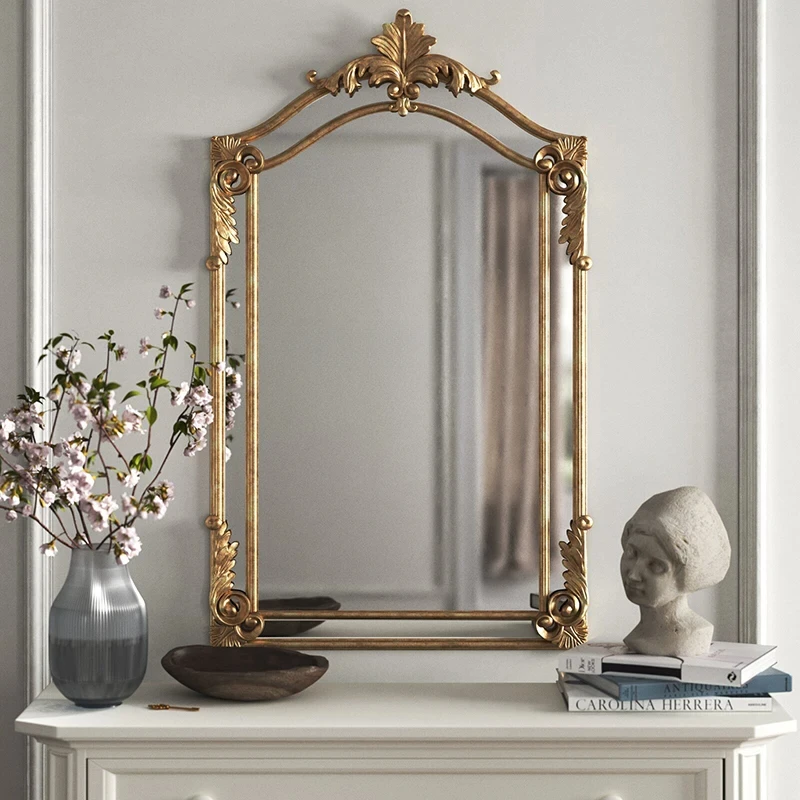 

French Style Dressing Retro Wall-Mounted Cosmetic Bathroom Wall-Mounted Classical Carved Bathroom Mirror
