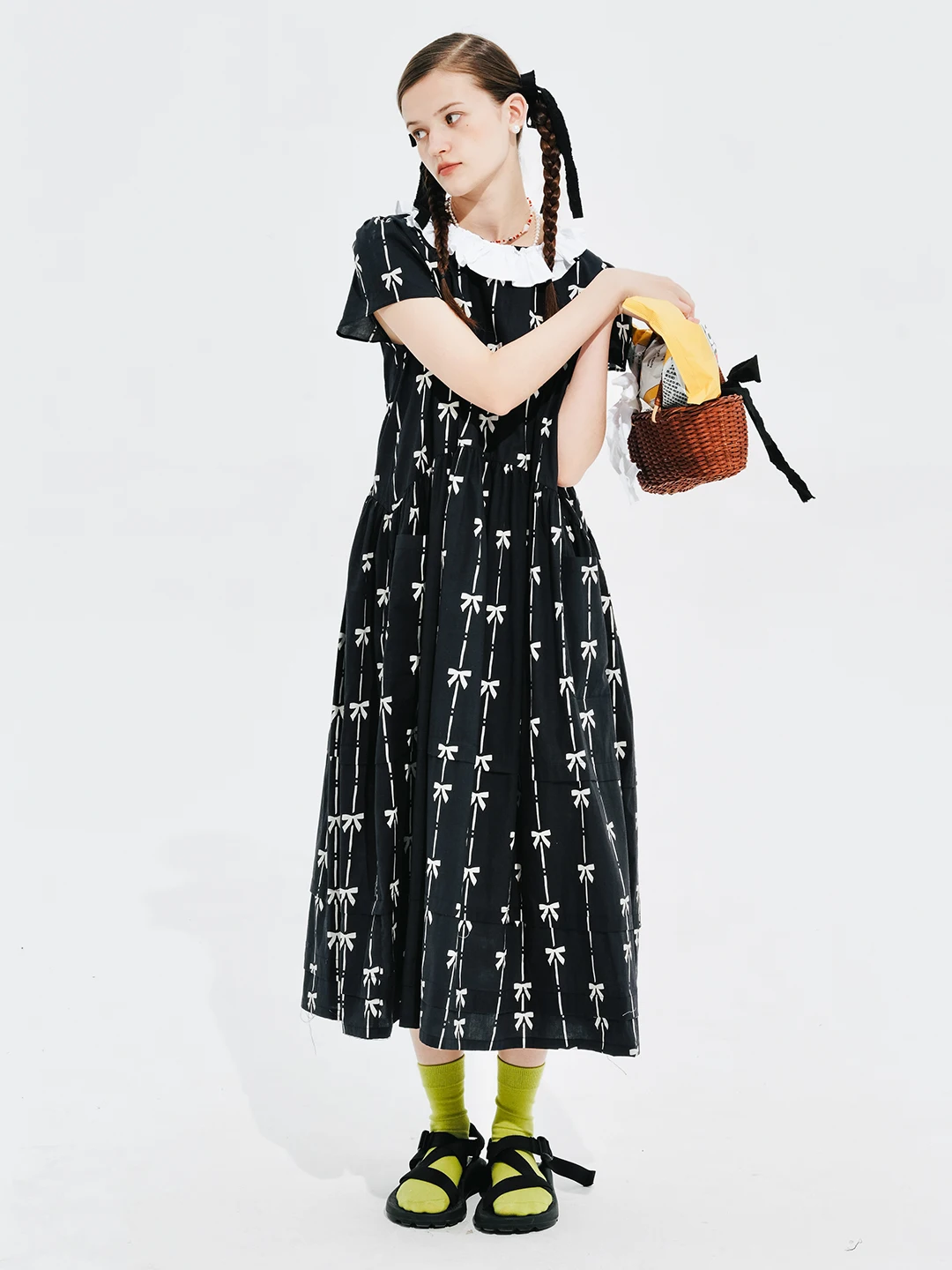 

IMAKOKONI original design short-sleeved round neck pullover bow print striped black dress 244665