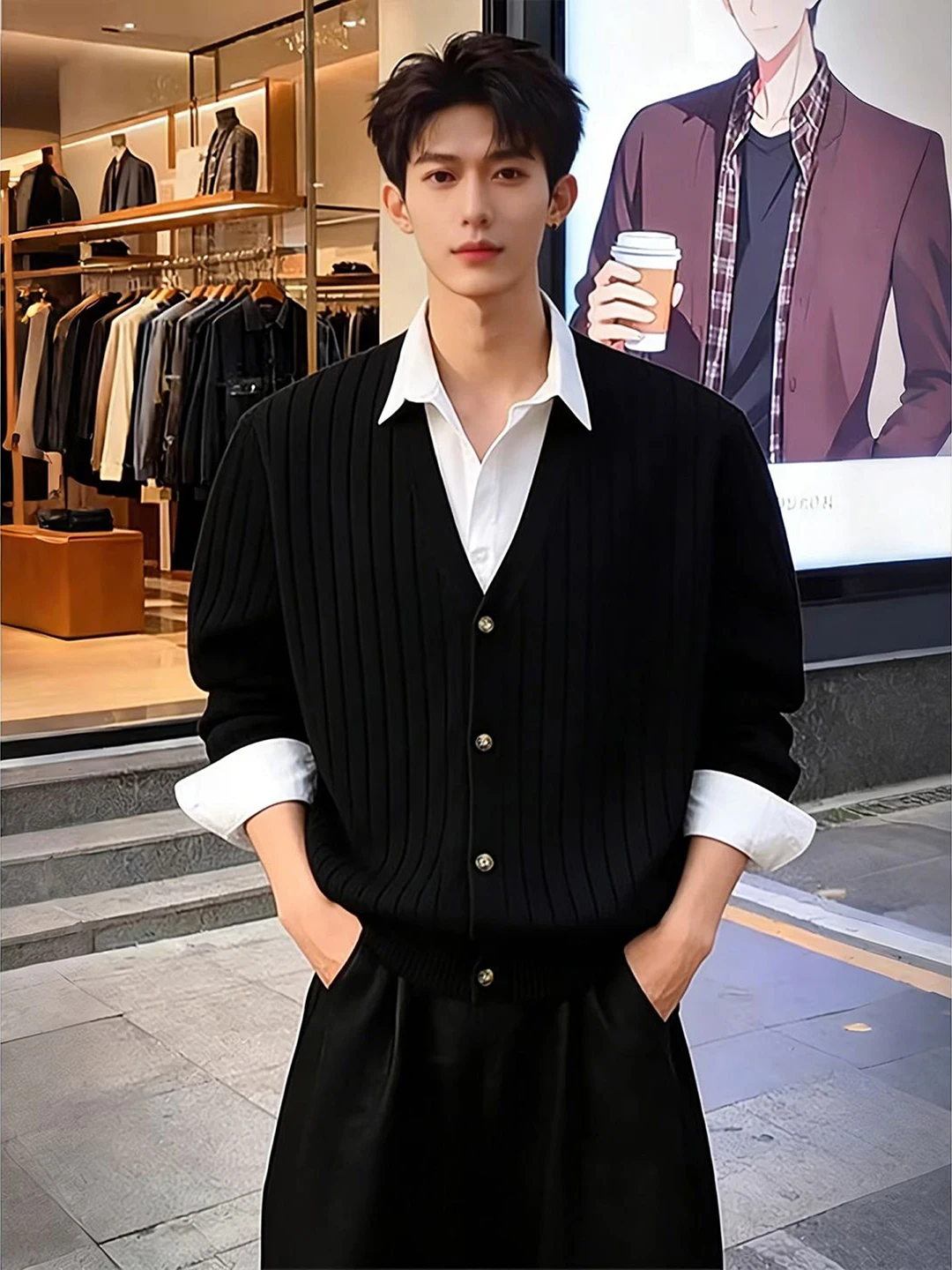 

Мужской черный вязаный кардиган с V-образным вырезом в полоску, зимний, на пуговицах, шерстяной, с длинными рукавами, повседневный, мягкой текстуры, вязаная верхняя одежда