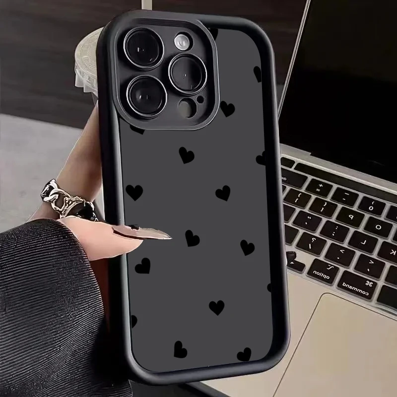 Black Love Heart Phone Case For iPhone 14 15 16 Pro Max 11 12 13 Mini 7 8 Plus XR X XS Max SE 2022 Shockproof Soft Matte Cover