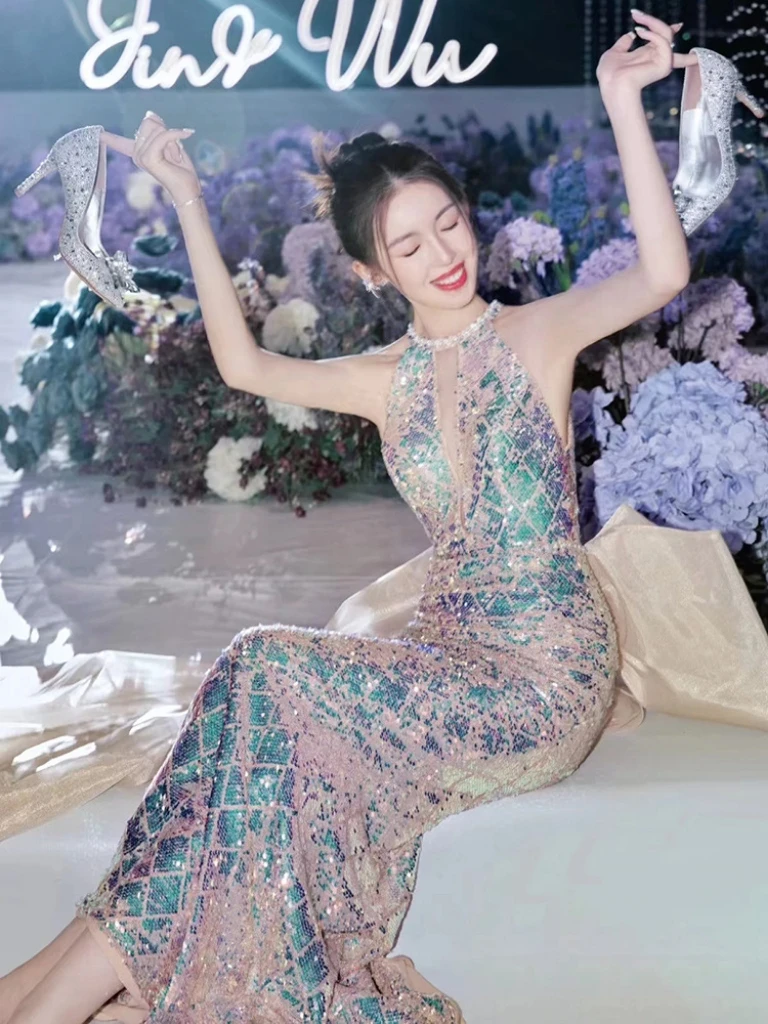 Vestidos de Noche de sirena brillantes, ligeros, de lujo, con hombros descubiertos, cuello Halter, sin mangas, ajustado, con lazo, sin espalda, vestido de fiesta de graduación para celebridades