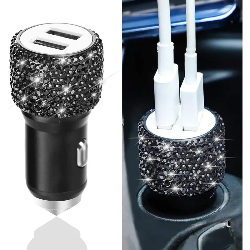 Car Charger Dual USB Diamond Inlaid Phone Safety Hammer Charger Fast Charging Car Phone Charger Car Decorations