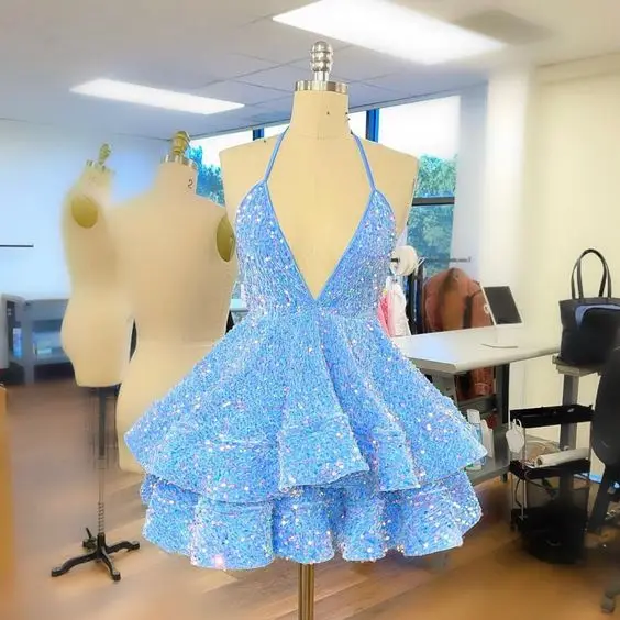 Customized Light Blue Homecoming Dresses Halter Neckline Sparkly Sequins Ball Gown Graduation Dresses Short Prom Dress