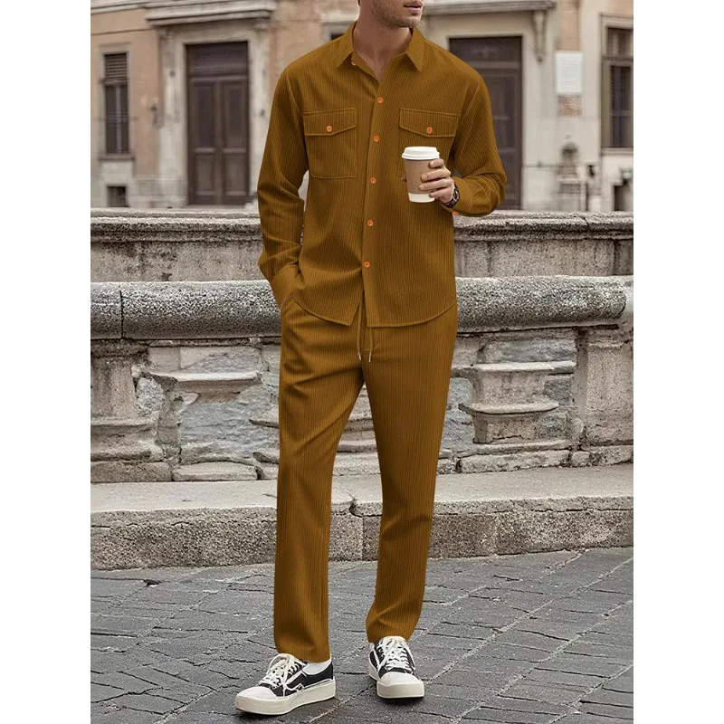 

Men's Brown Corduroy Long-Sleeve Shirt & Pants 2-Piece Casual Tracksuit Set