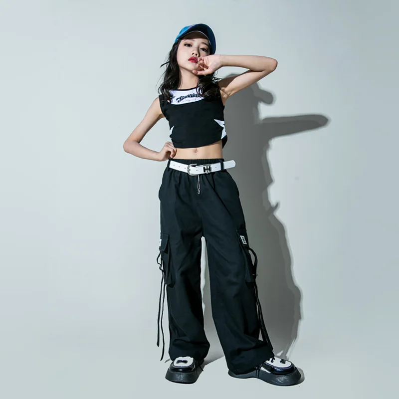 

Kid Kpop Hip Hop Clothing Star Double Shoulder Crop Tank Top Black Casual Pocket Cargo Pants for Girl Jazz Dance Costume Clothes