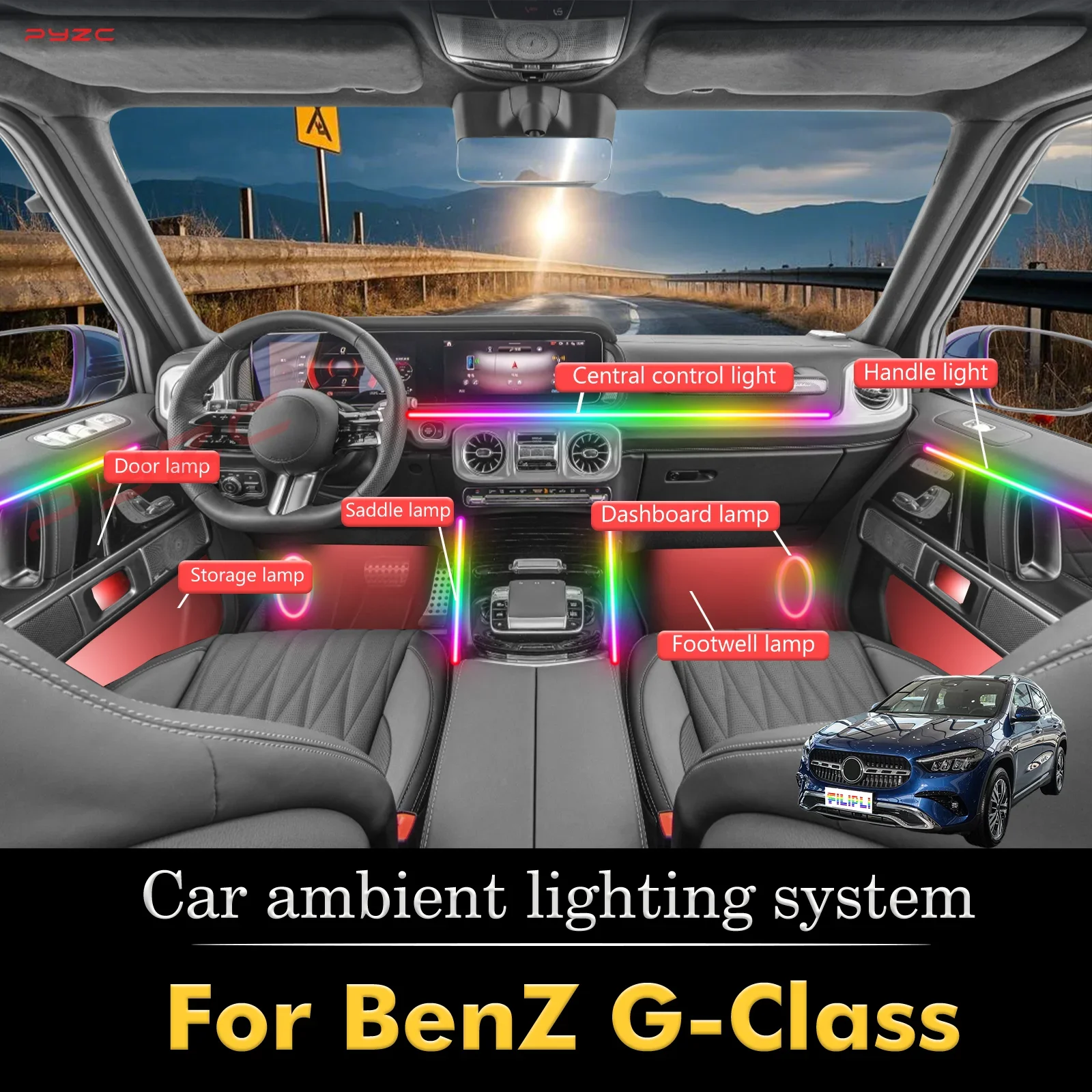 

Для BenZ G-Class салон автомобиля окружающее освещение RGB 64-цветный светодиодный умный пульт дистанционного управления энергосберегающий эффективный комплект ламп