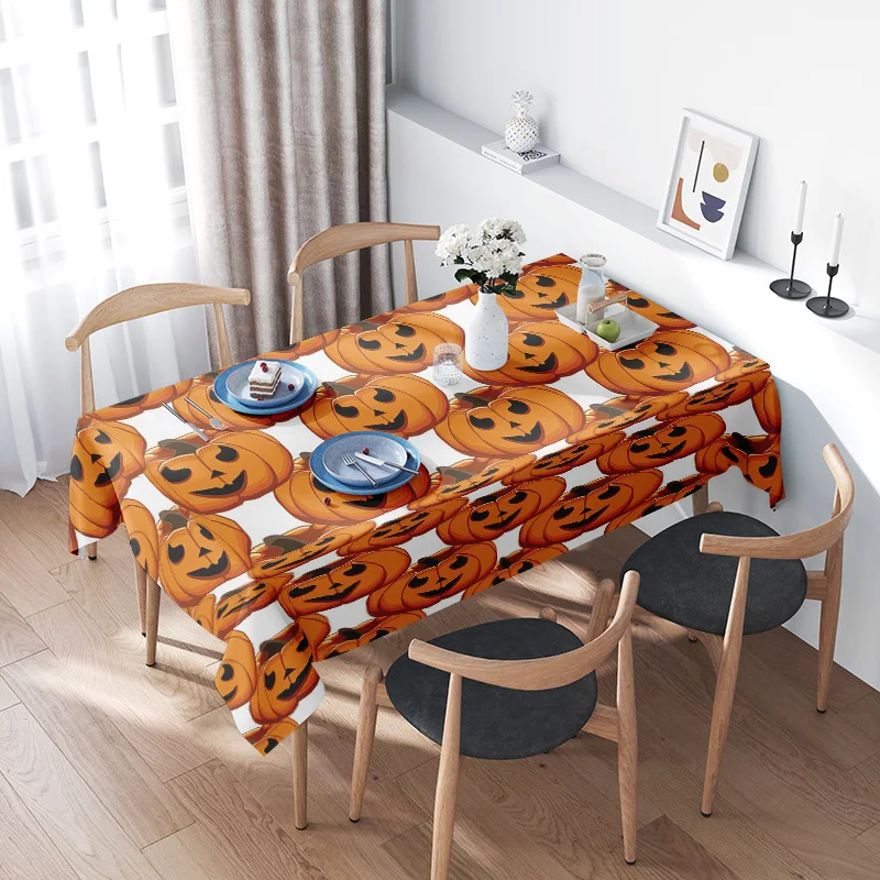 Halloween Pumpkin TableclothAutumn Festive Decoration for Kitchen Dining Room Orange Halloween Table Linens with Jack-O'-Lantern