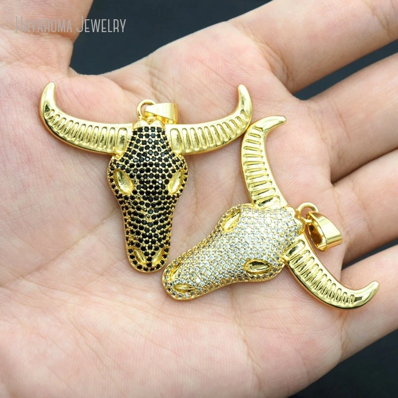 10Pcs Gold Color Invisible Setting Jewelry Metal Cubic Zirconia Animal Animals Ox Head Copper Wholesale Pendant PM53024