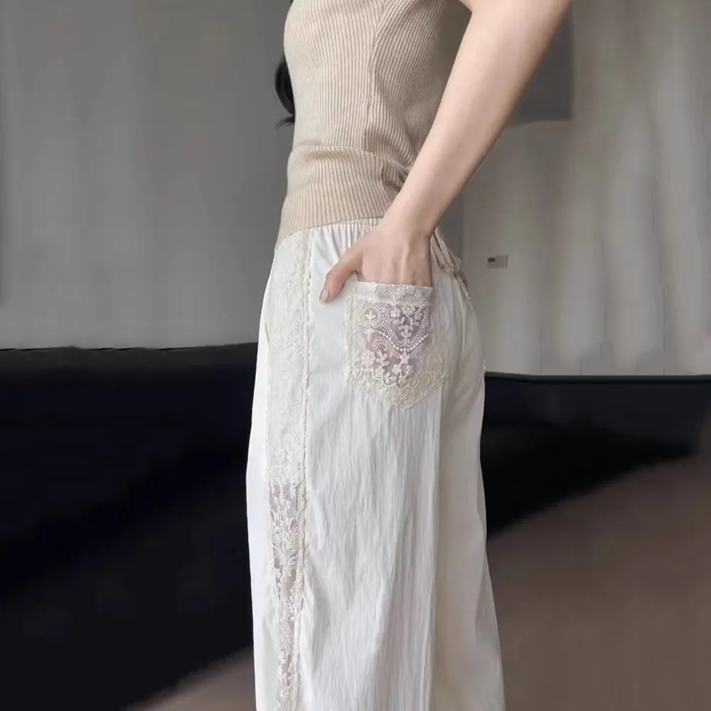 Retro Hollow Lace Casual Pants High Waist Loose Fit Wide Leg Pants Solid Color Breathable Straight Pants
