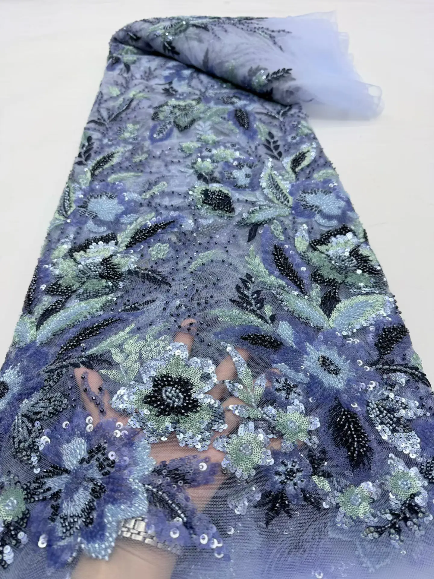 

2026 High-Quality African Nigerian Tulle Lace Fabric Sequins Embroidery French Guipure Prom/Wedding Party Dresses Beaded 5 Yards