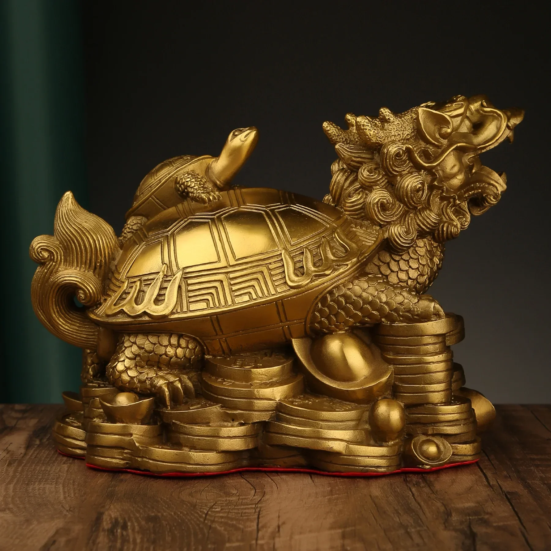 1 Pc Gold Feng Shui Dragon Turtle Tortoise Statue Figurine Coin Money Wealth Lucky Home Dector