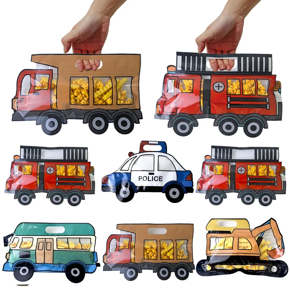 20 piezas camión de bomberos camión volquete excavadora forma bolsas de galletas de caramelo regalo de fiesta de cumpleaños para niños bolsas con cremallera bolsas de embalaje de motor de bomberos