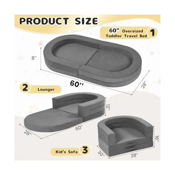 60-inch Extra-Large Foldable Toddler Floor Bed with 4-Inch Guardrails • 3-in-1 Convertible Lounge Sofa Design • Lightweight 13-L