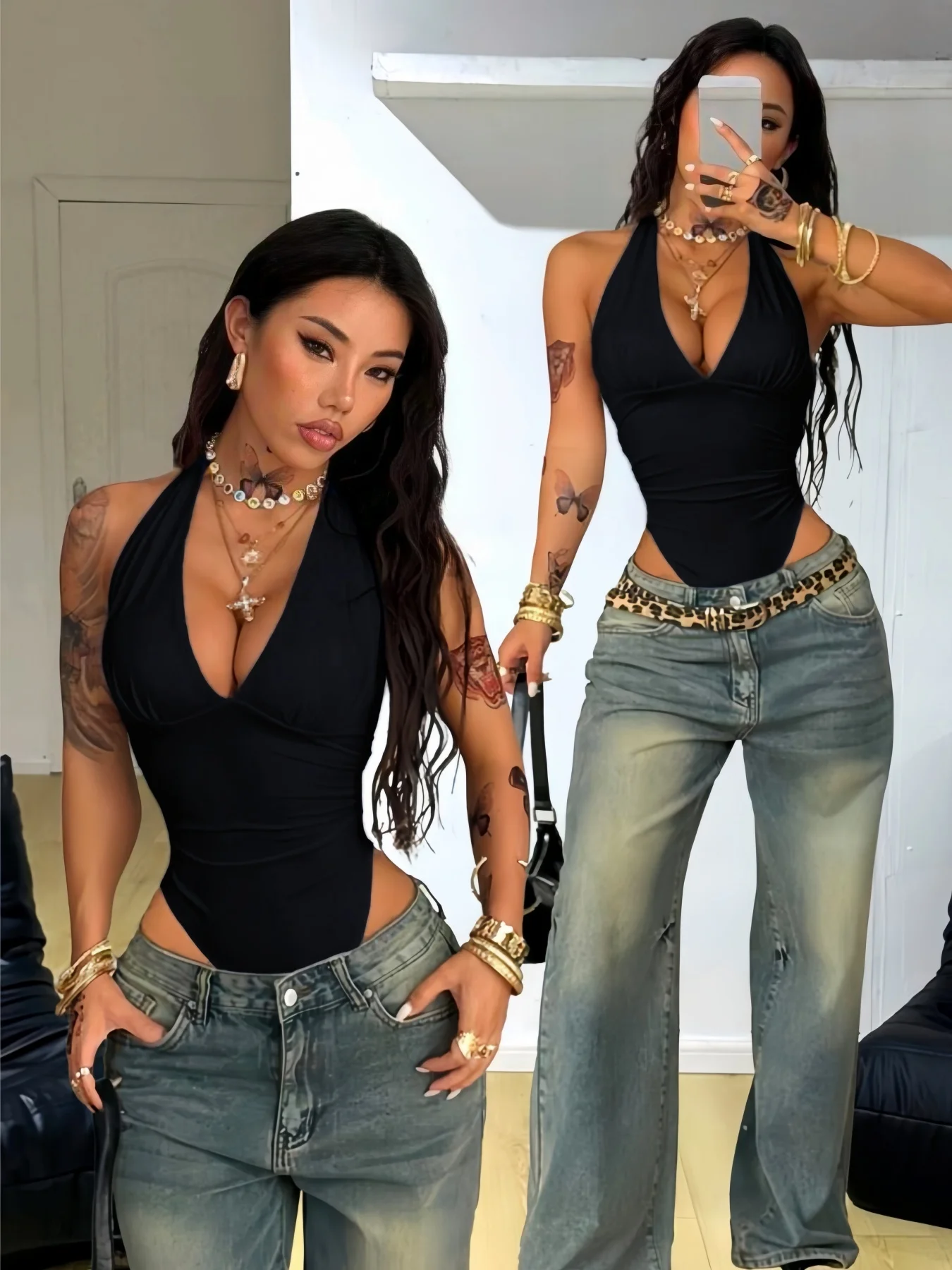 Damen Neckholder-Body mit tiefem V-Ausschnitt, gerafftem Design, schmaler Passform, ärmellos, Sommer 2026, Y2K, einfarbig Weiß, für Ausgeh-Looks, Streetwear-Jumpsuit-Oberteil – Detail 1