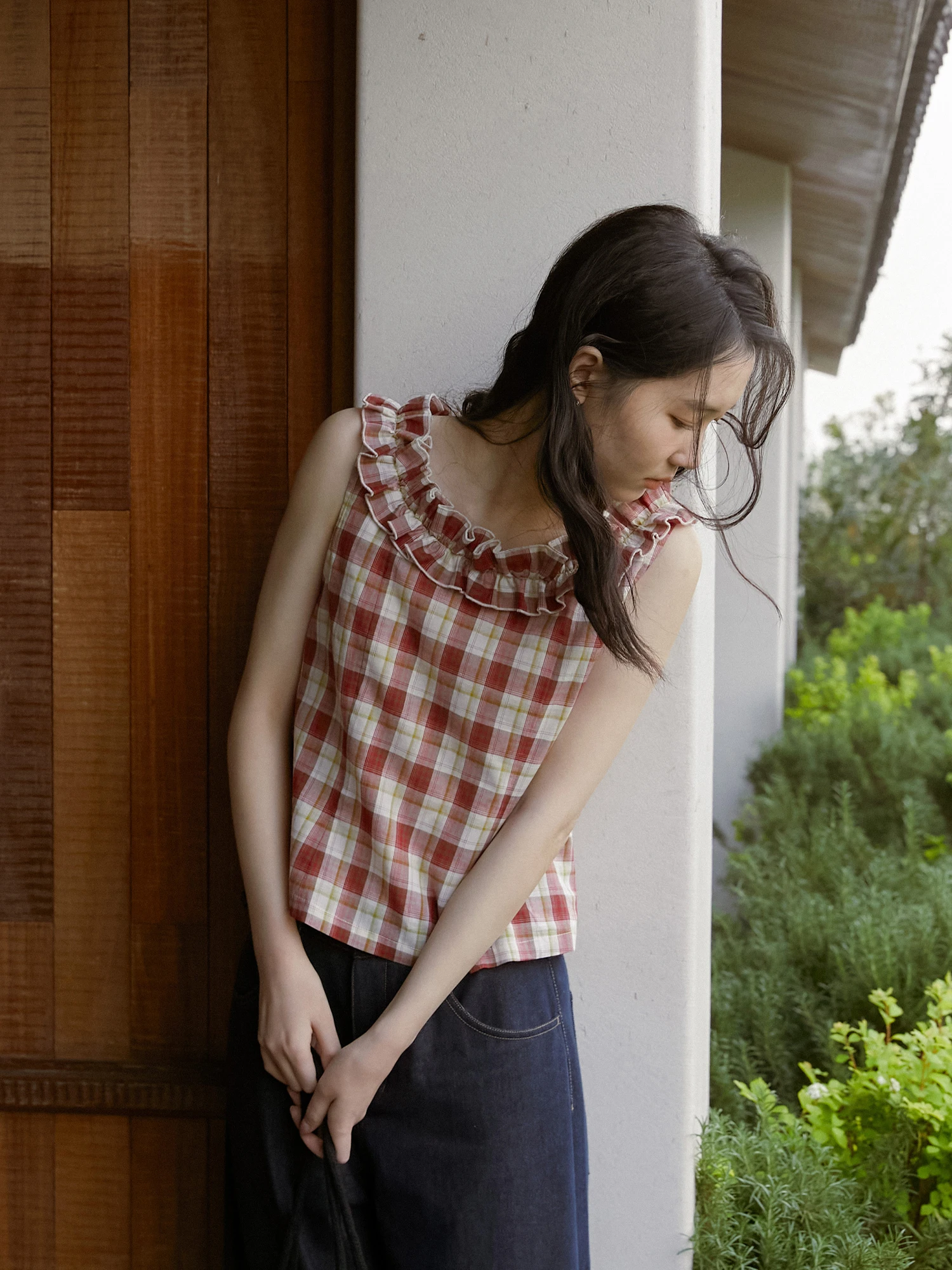 

MELLIIY Summer 2026 College Style round Neck Sleeveless Plaid Casual Shirt Women Vintage Loose Fit Cotton Gingham Blouse
