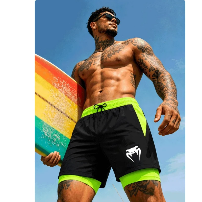 2026 New Men'S Quick-Dry Swimming Shorts Snake Head Print Fitness Beach Surf Running Sports Shorts Double Layered