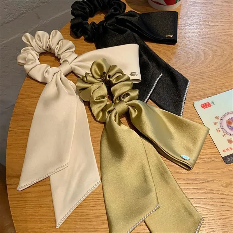 

2025 New Fashion High Quality Satin Long Ribbon Wrinkled Hair Ring For Women's Bow Ponytail Elastic Hair Band Headdress