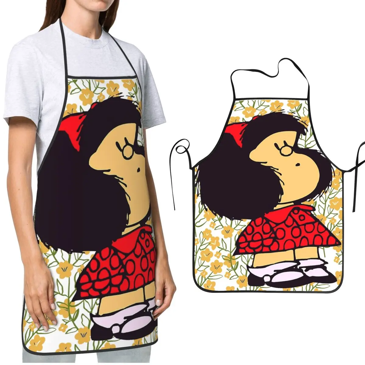 Mafalda And Flowers Apron Waterdrop Resistant Adjustable Happy Cute Baking Aprons for Men Women Chef Gifts