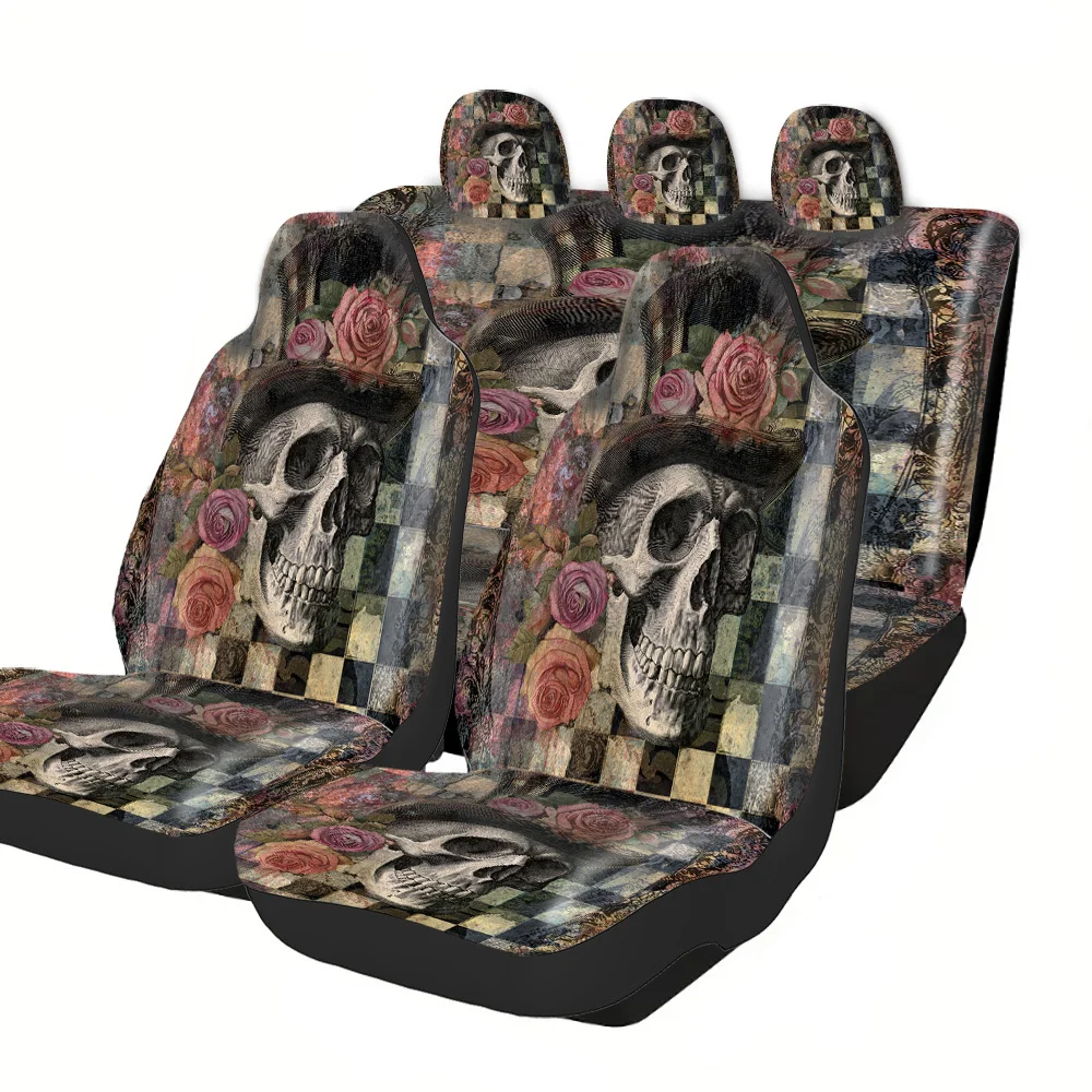 2-5 Seat Set Car Seat Covers, Fit For Truck SUV Off-road Car Premium Skull Rose Design, Festival Ready Halloween Christmas New