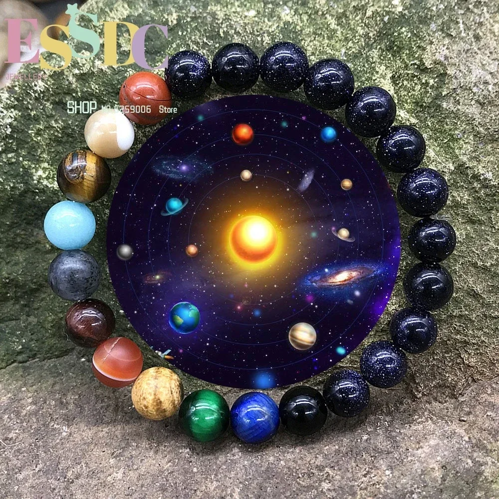 Handmade Universal Guardian Star Blue Sand Stone Eight Planets Bracelet Sky Starlight Galaxy  Men or Women Reiki Jewelry