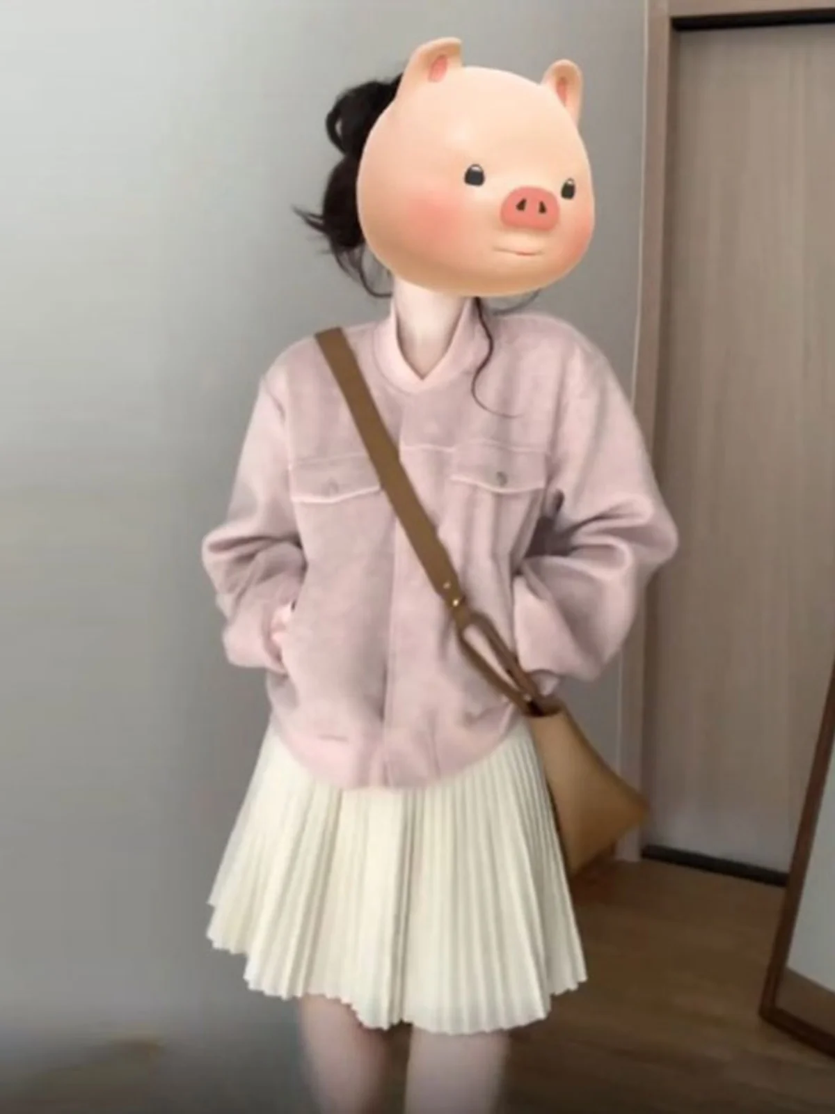 

Unique Pink Korean Style Short Outerwear Beautiful Fashionable Jacket for Small Figures Warm V-Neck Button-Up Casual Coat