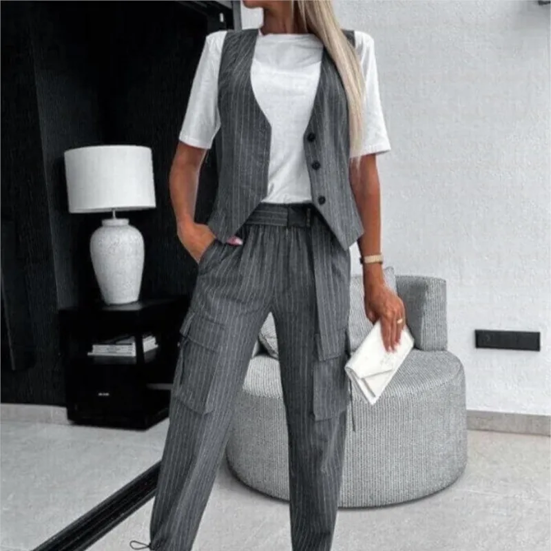 سترة مخططة غير رسمية للنساء صيف جديد الخامس الرقبة زر جيب علوي فضفاض فستان أطفال مع سروال داخلي وتتسابق قطعتين دعوى للنساء أنيقة