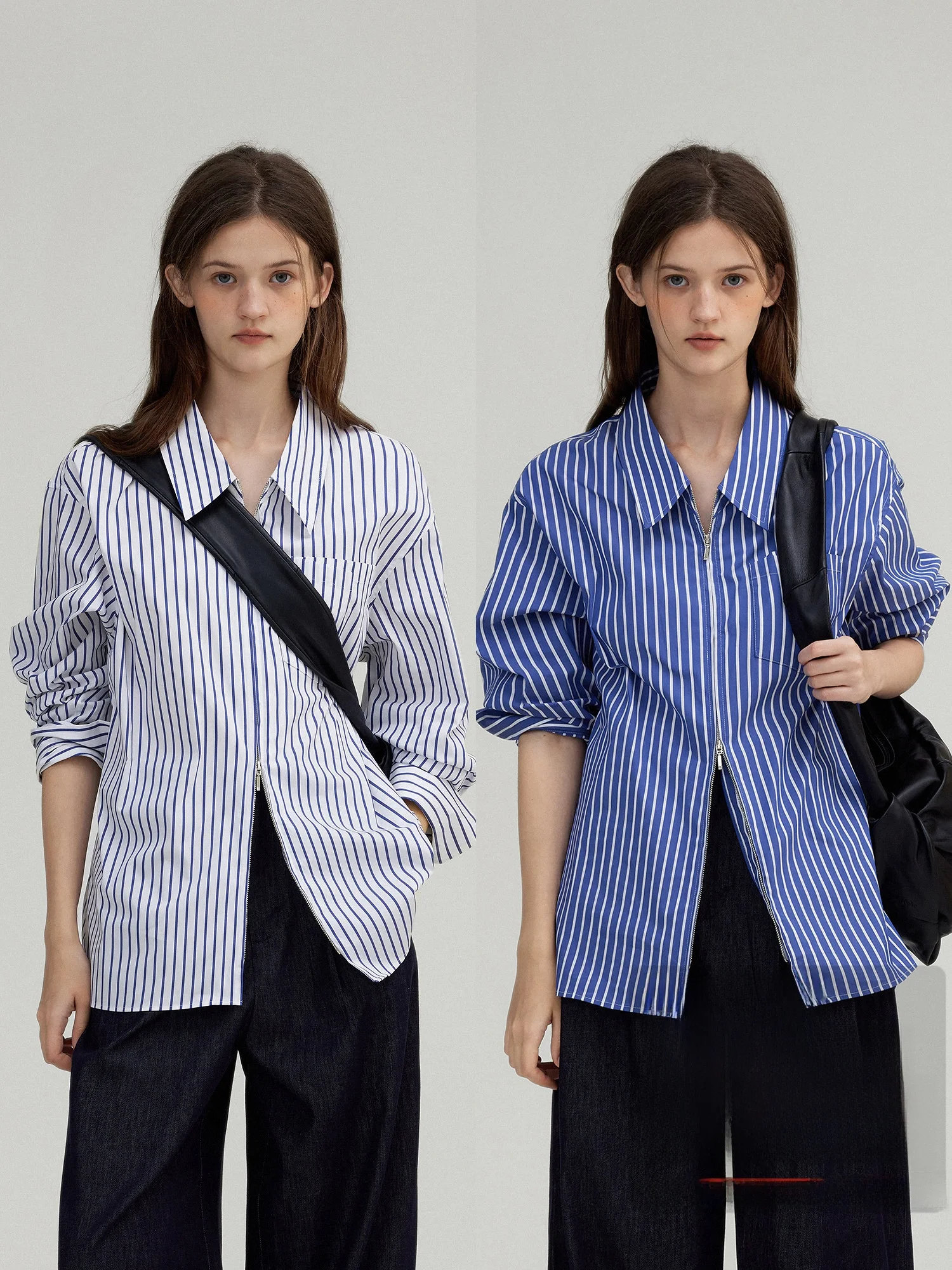 

Nordic Style Long Sleeve Shirt Women's Double Zipper Color Block Striped Design Cotton Commute Fashion Casual Loose Fit