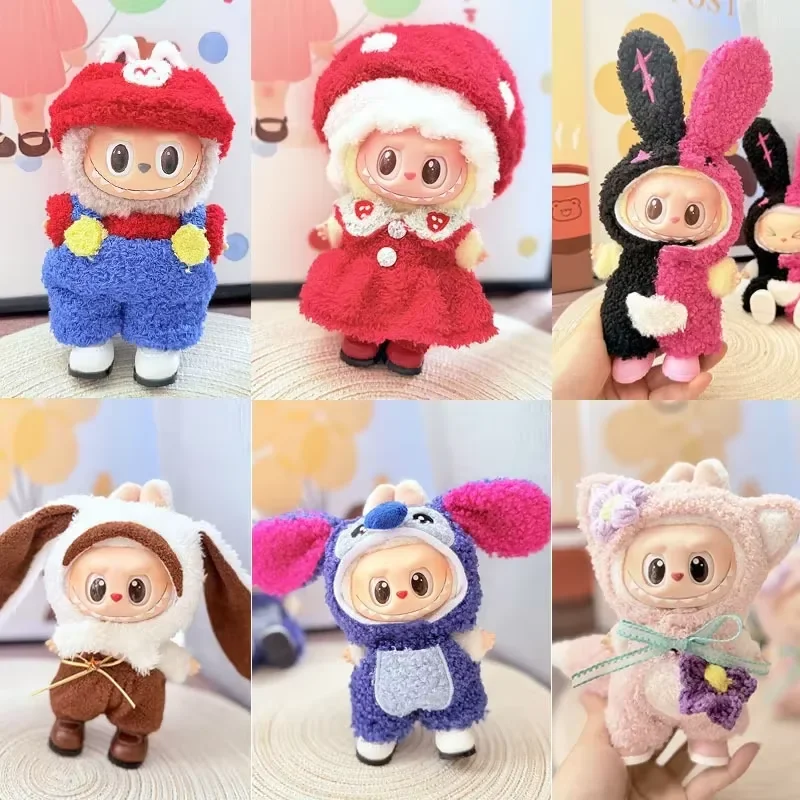 

For 17cm Labubu Dolls Accessories DIY Doll Clothes Heartbeat Long Eared Furry Rabbit Costume Cartoon Dress Up Labubu Outfit