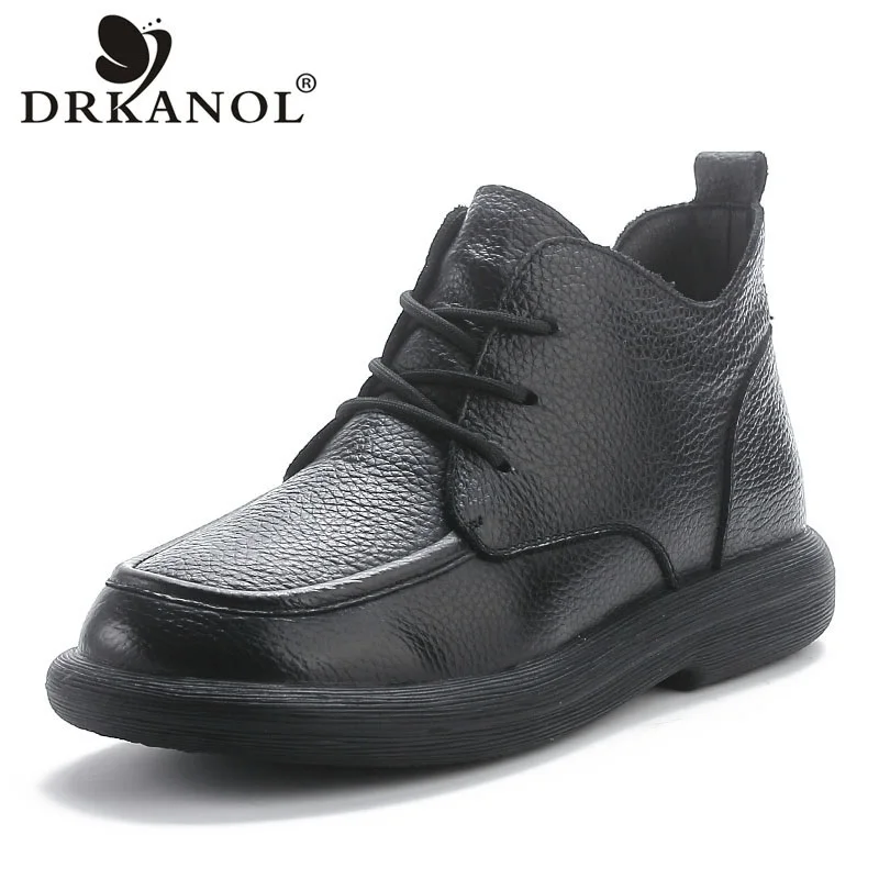 DRKANOL Fashion Women Short Ankle Boots 2026 Autumn Winter Genuine Cow Leather Flat Heel Retro Style Warm Fur Snow Boots H2336