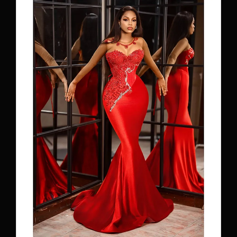 

Customized 2026 New Elegant Mermaid Sexy Red Ball Dress With Beaded Sequins Transparent Long Sleeved Slim Fit Sexy Party Dress