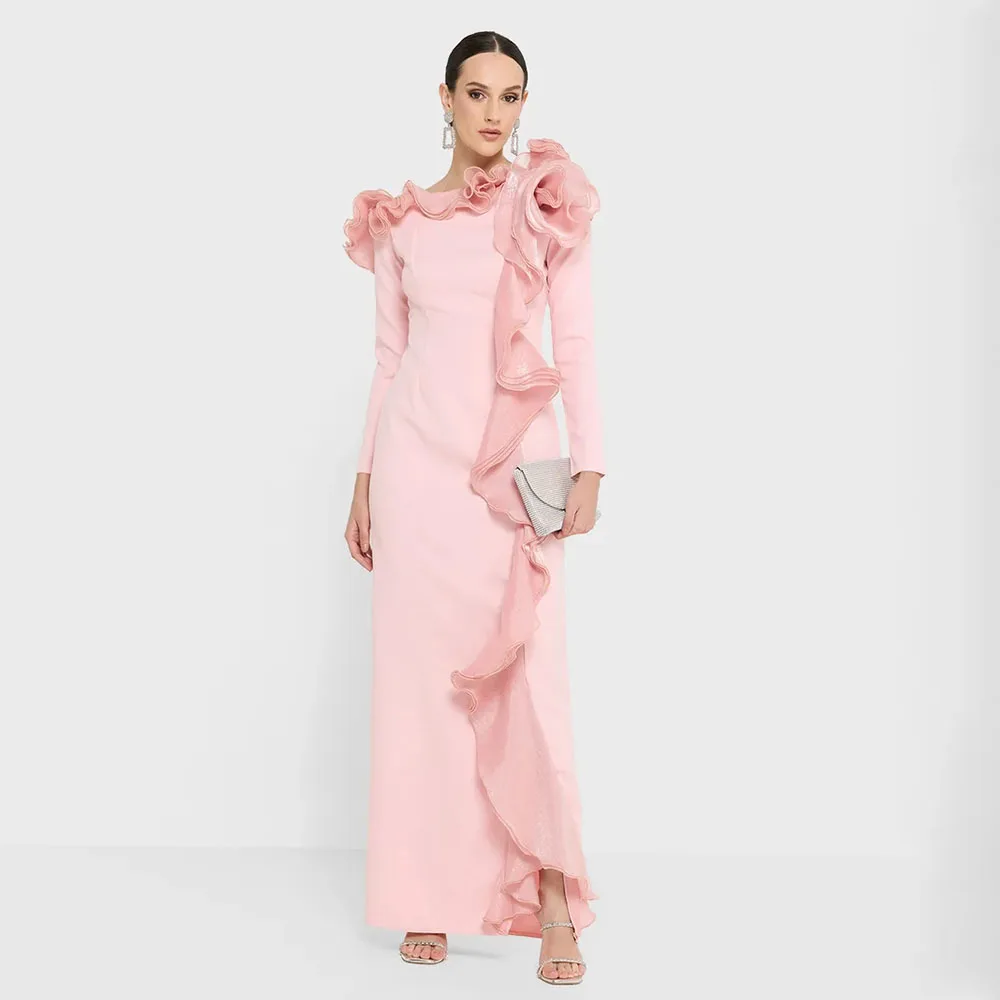 

Розовое платье-футляр длиной до пола с оборками и длинными рукавами для официальной вечеринки, вечернее платье в Саудовской Аравии